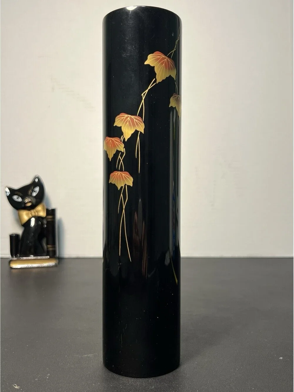 Wajima Nuri Oke 1970s Urushi Lacquer Ikebana Vase Autumn Maple Maki-e, 2.5x10”